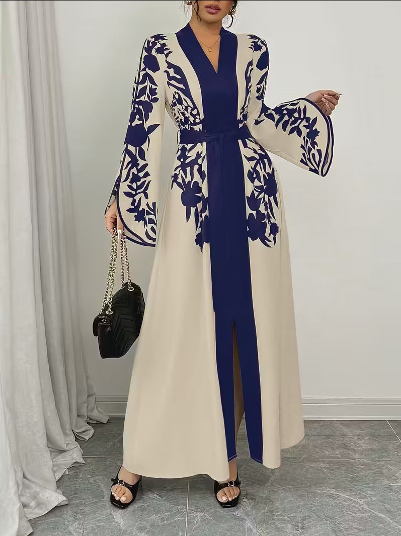 Clothing  V-neck Long Sleeve Printed Flared Dress with Tie Waist Long Cardigan Style Women's Dress