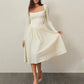 Long Sleeve Solid Color Fitted Square Neck Pleated Dress for Women