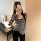 Design Sense Flared Sleeve Stripe V-Neck Long Sleeve T-Shirt for Women