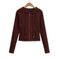Drawstring hooded zipper long sleeved sweatshirt