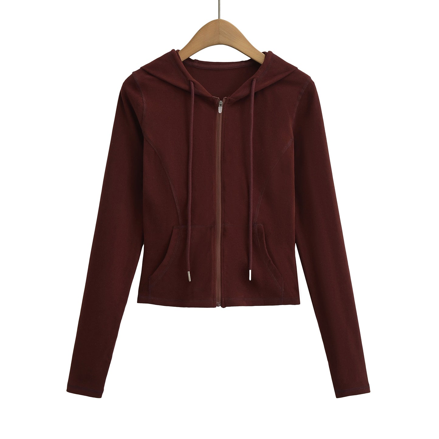 Drawstring hooded zipper long sleeved sweatshirt