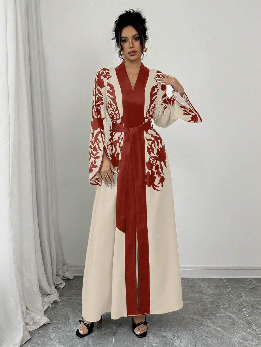 Clothing  V-neck Long Sleeve Printed Flared Dress with Tie Waist Long Cardigan Style Women's Dress