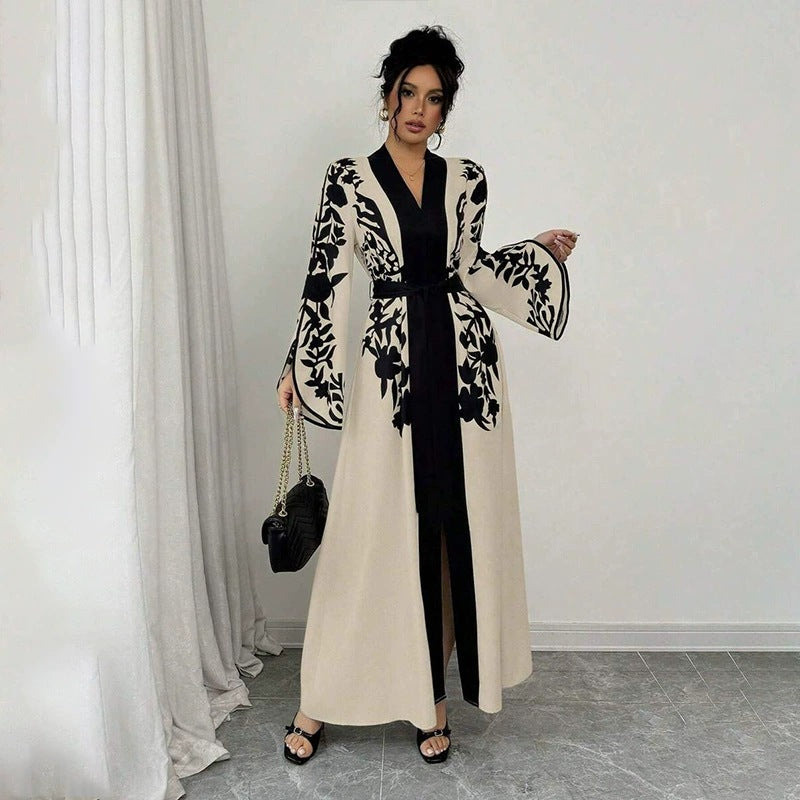 Clothing  V-neck Long Sleeve Printed Flared Dress with Tie Waist Long Cardigan Style Women's Dress