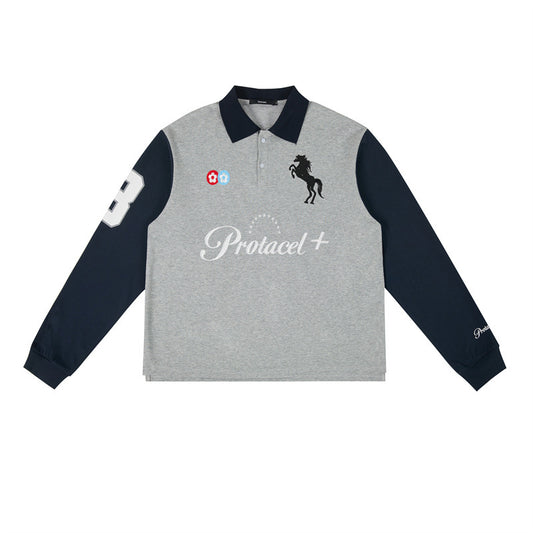 Color-Block Embroidered Polo Shirt Unisex Loose Casual T-Shirt
