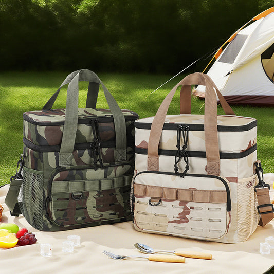 Outdoor Double-Layer Cooler Bag with Camouflage Design, Large Capacity Shoulder Tote for Picnics and Food Delivery