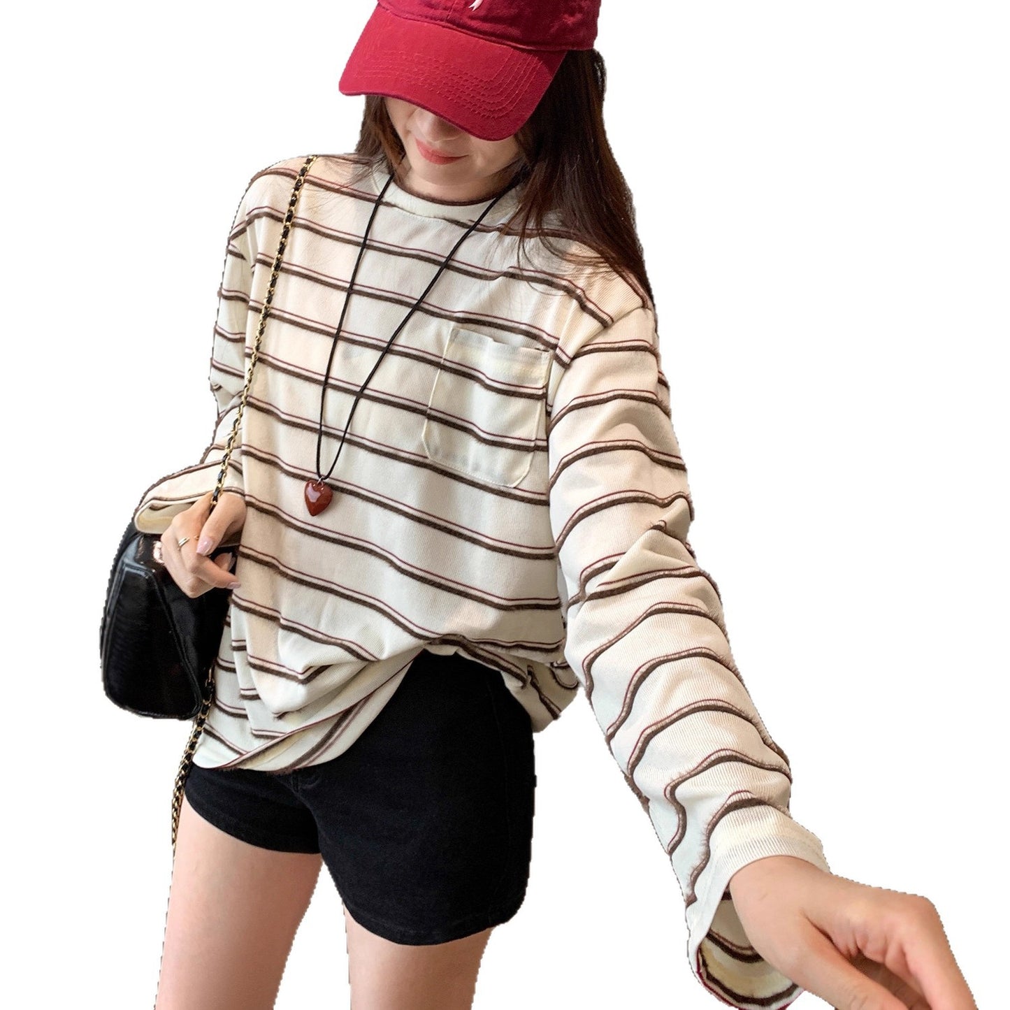 Design Sense Color-Blocking Stripe Round Neck Long Sleeve T-Shirt