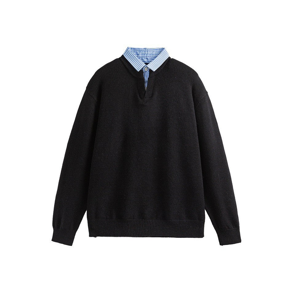 Fake Two-Piece Stripe Turn-Down Collar Sweater Top Knitwear