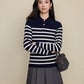 Color blocked striped polo collar lapel top for women