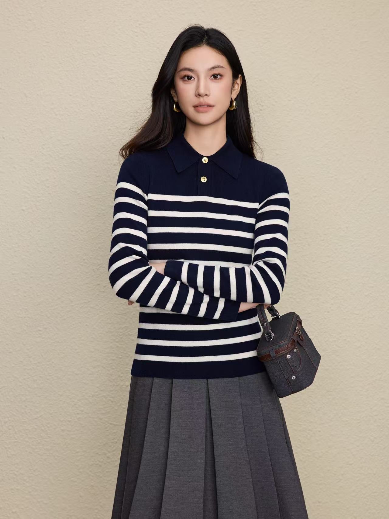 Color blocked striped polo collar lapel top for women
