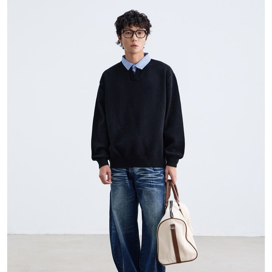 Fake Two-Piece Stripe Turn-Down Collar Sweater Top Knitwear