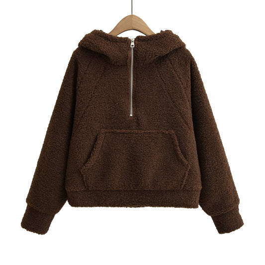 Half zip loose hooded sweatshirt