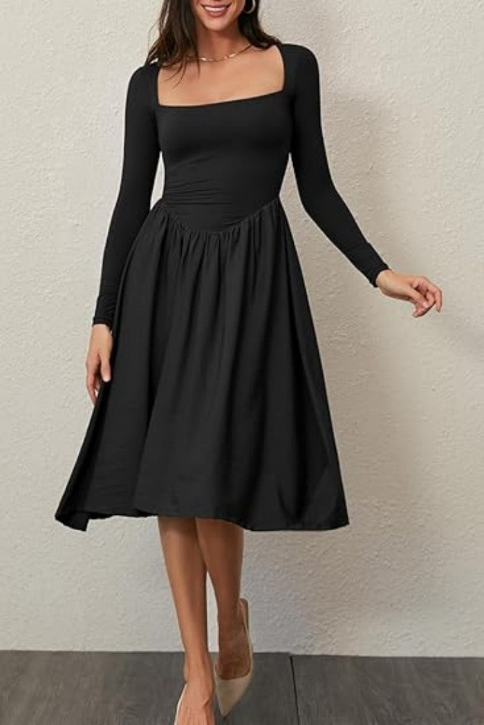 Long Sleeve Solid Color Fitted Square Neck Pleated Dress for Women