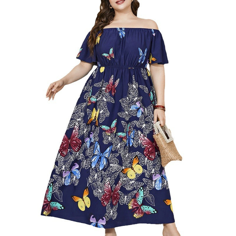 Chic Butterfly Print Off-Shoulder Long Dress for Women, Large Size, Middle Eastern Style, Youthful Look