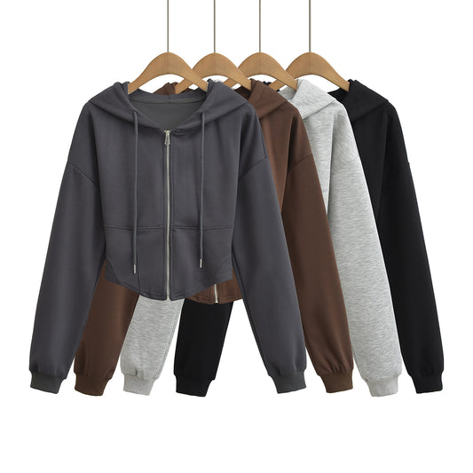 Hooded drawstring zipper long sleeved sweatshirt