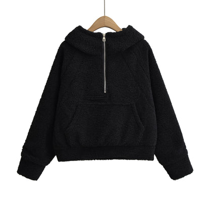 Half zip loose hooded sweatshirt