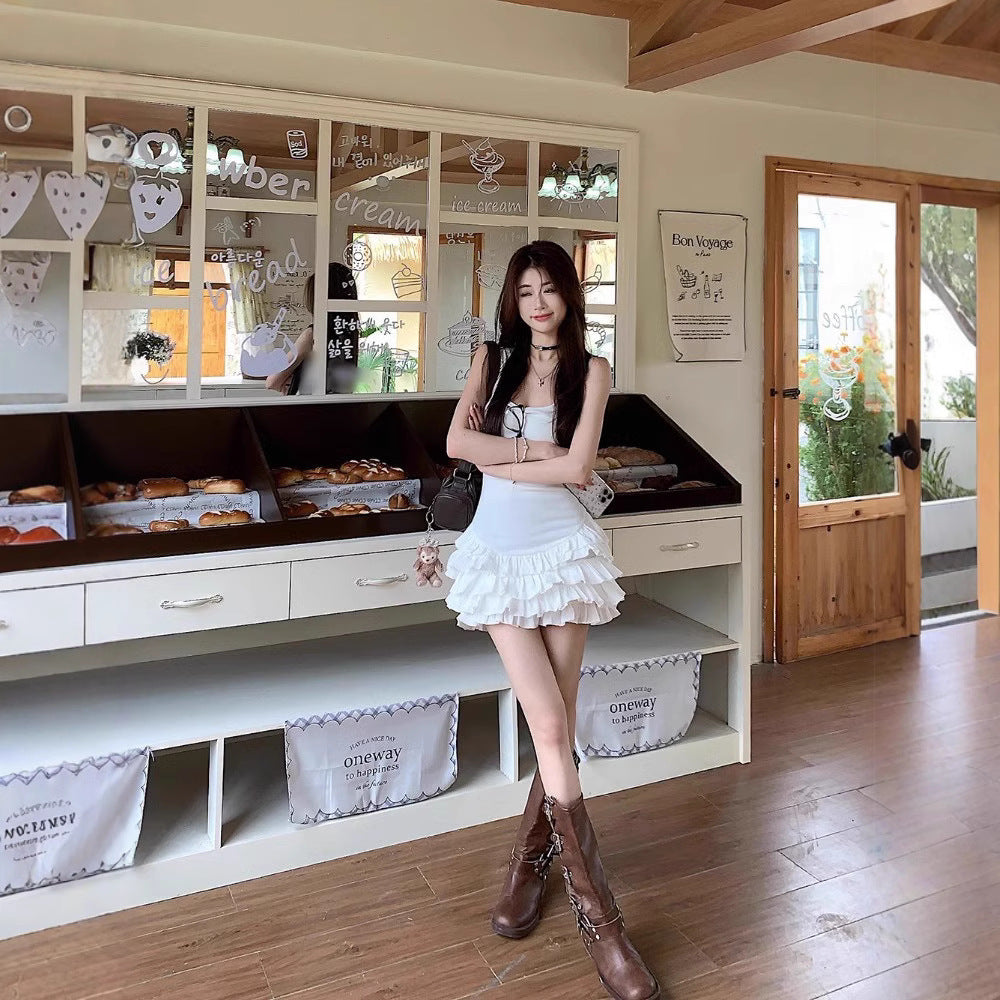 Ballet Style White Lace Spliced Strap Dress for Women Slim Fit Puffy Cake Short Dress