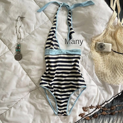 Striped Triangle Cup Bra Set Simple and Versatile with Padded Fixed Cup Backless Underwear for Women