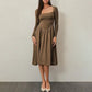 Long Sleeve Solid Color Fitted Square Neck Pleated Dress for Women