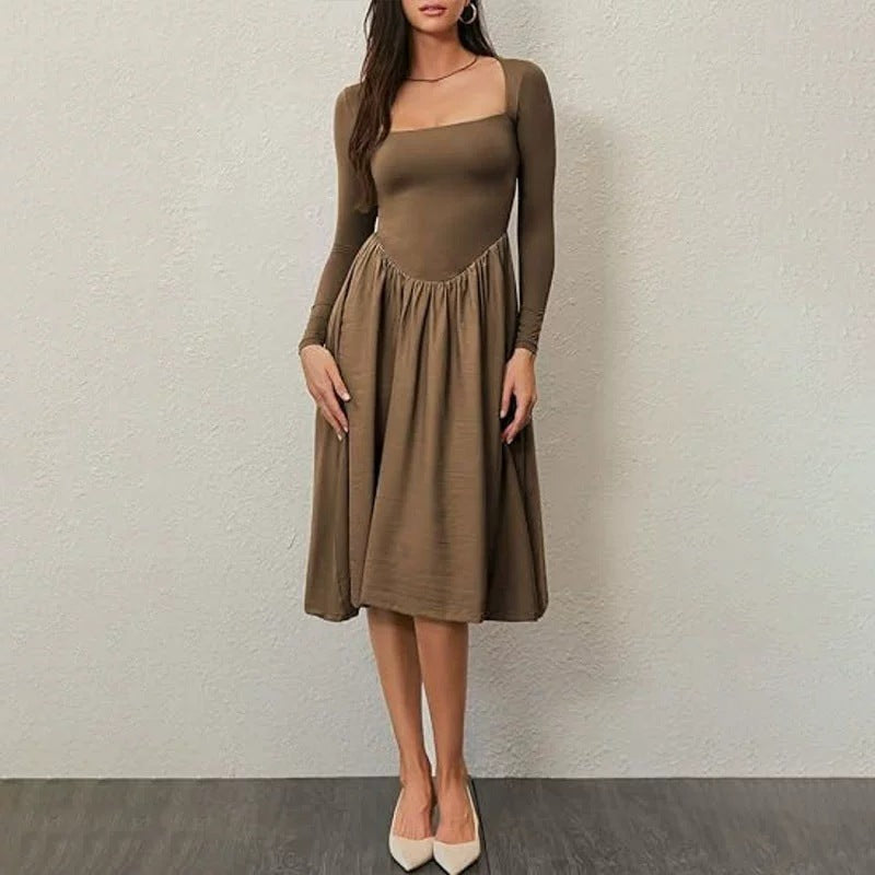 Long Sleeve Solid Color Fitted Square Neck Pleated Dress for Women