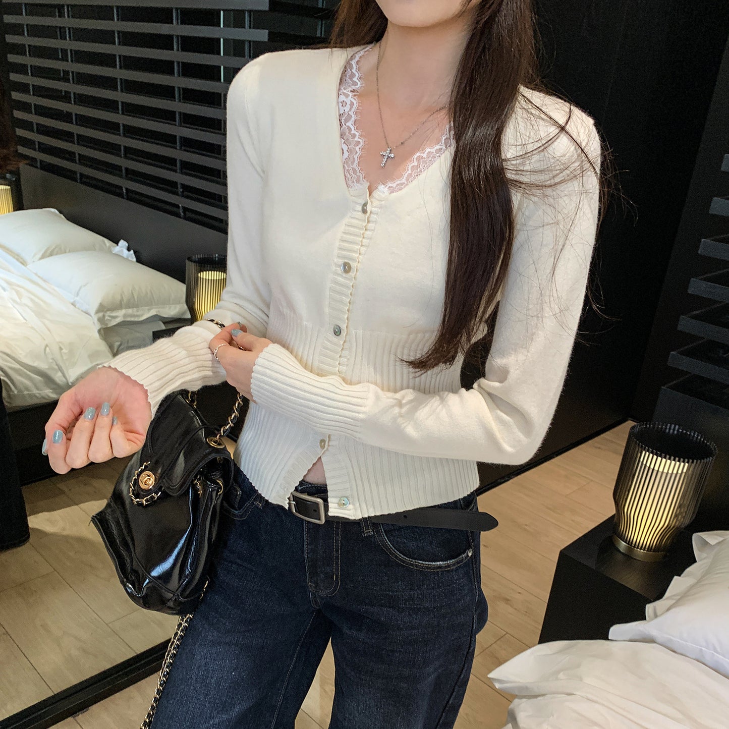 Elegant V-Neck Lace Spliced Slim Fit Top for Women