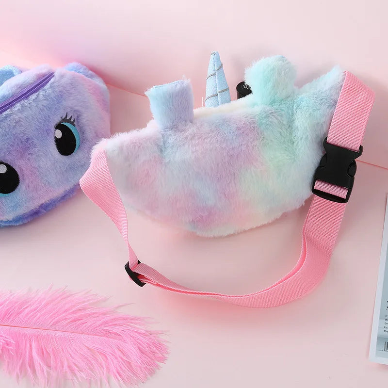 Cute Unicorn Children's Fanny Pack Girls Waist Bag Plush Toys Belt Gradient Color Chest Bag Cartoon Coin Purse Travel Chest Bag