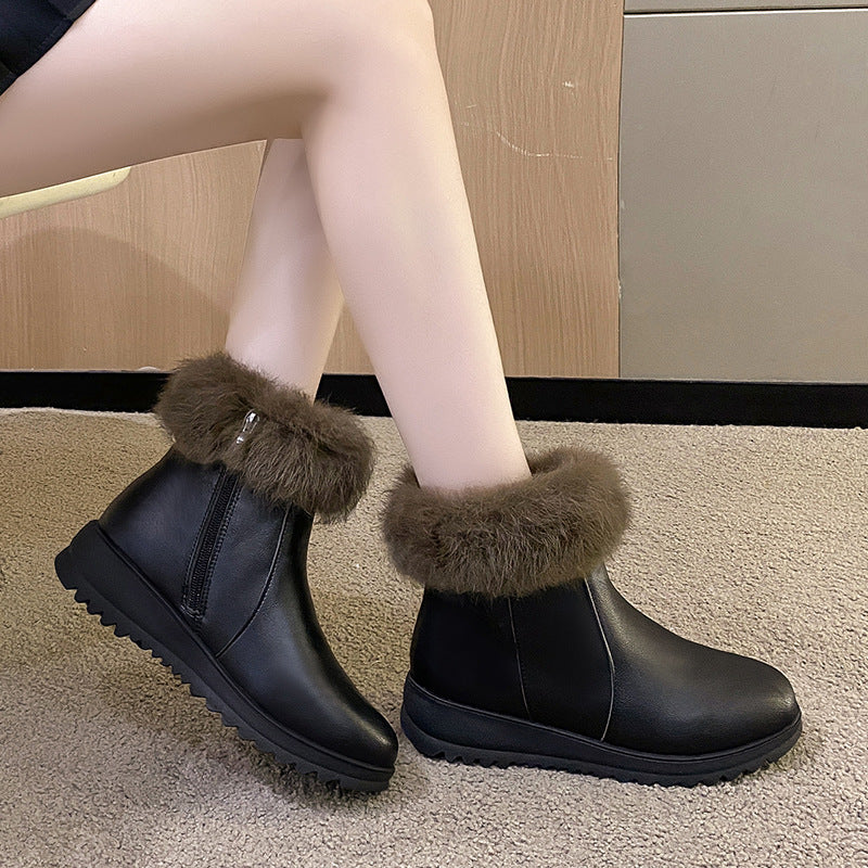 Thick and warm cotton shoes with added fleece, flat bottom and anti slip short tube bread shoes
