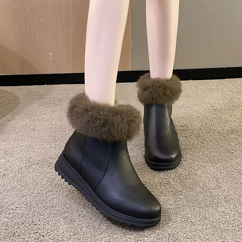 Thick and warm cotton shoes with added fleece, flat bottom and anti slip short tube bread shoes