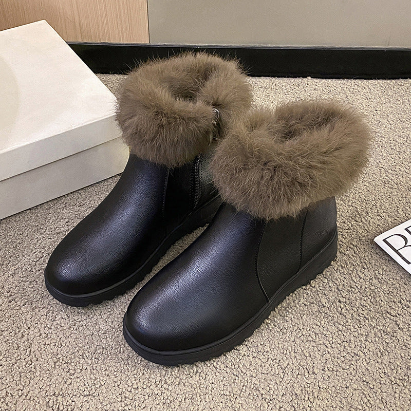 Thick and warm cotton shoes with added fleece, flat bottom and anti slip short tube bread shoes