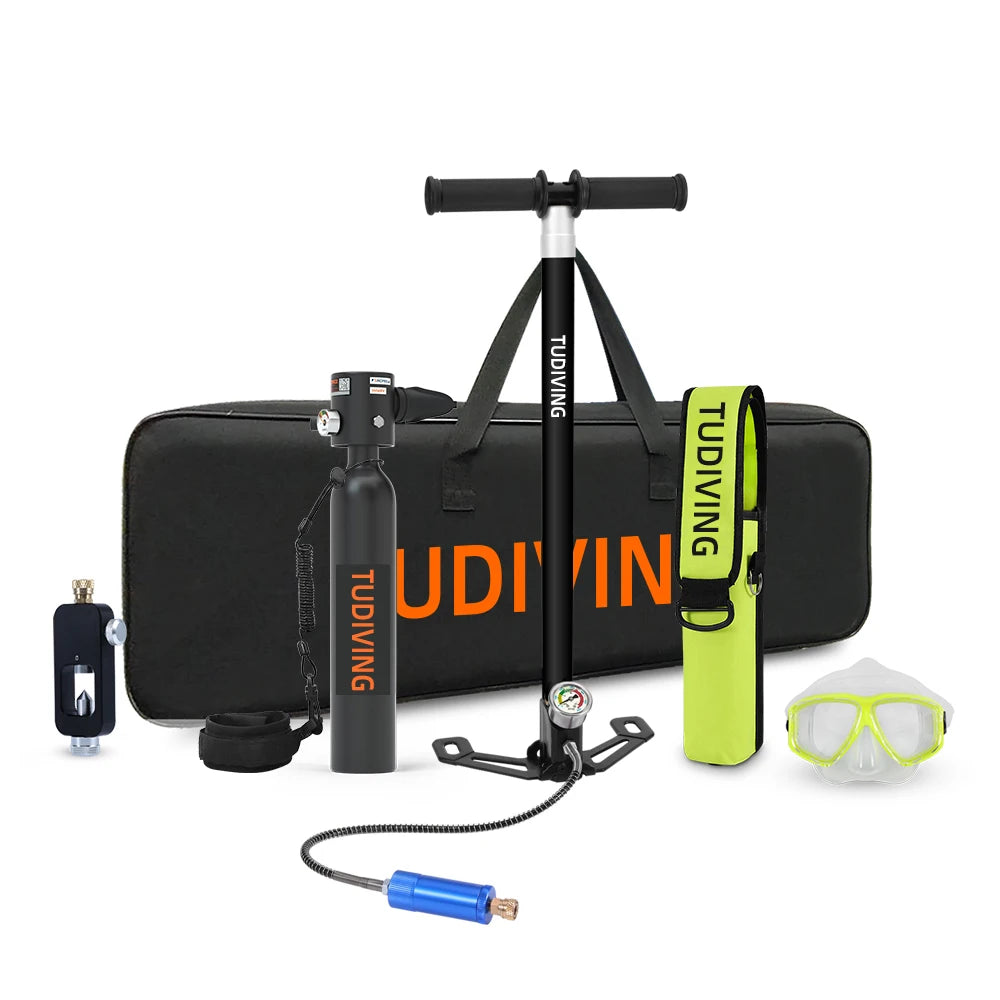 TUDIVING-0.5L Scuba Diving Tank Set,Mini Oxygen Cylinder with Full Face Snorkel Mask,Portable Travel Diving Kit for Scuba Diving