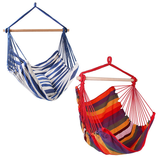 1Pc Hammock Hanging Chair Canvas Porch Patio Swing Seat Portable Camping Rope Seat Wooden Stick Hammock Chair With 2 Pillows 265LBS Load-bearing